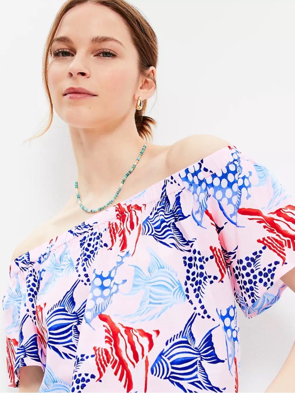 LOFT Off-Shoulder Swim Coverup in Pink, Blue & Red Fish Print